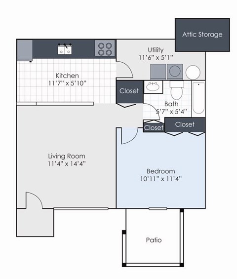 A floor plan of a small apartment with a kitchen, living room, bedroom, and bathroom.
